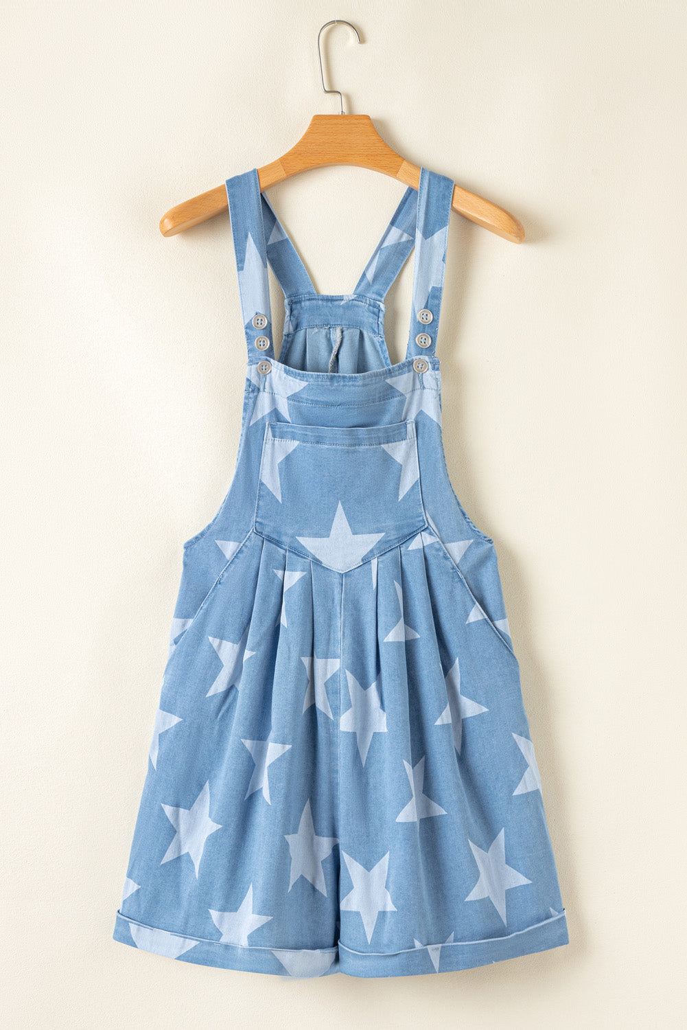 Light Blue Star Printed Buttoned Straps Pocketed Denim Romper - MAD RUFFI