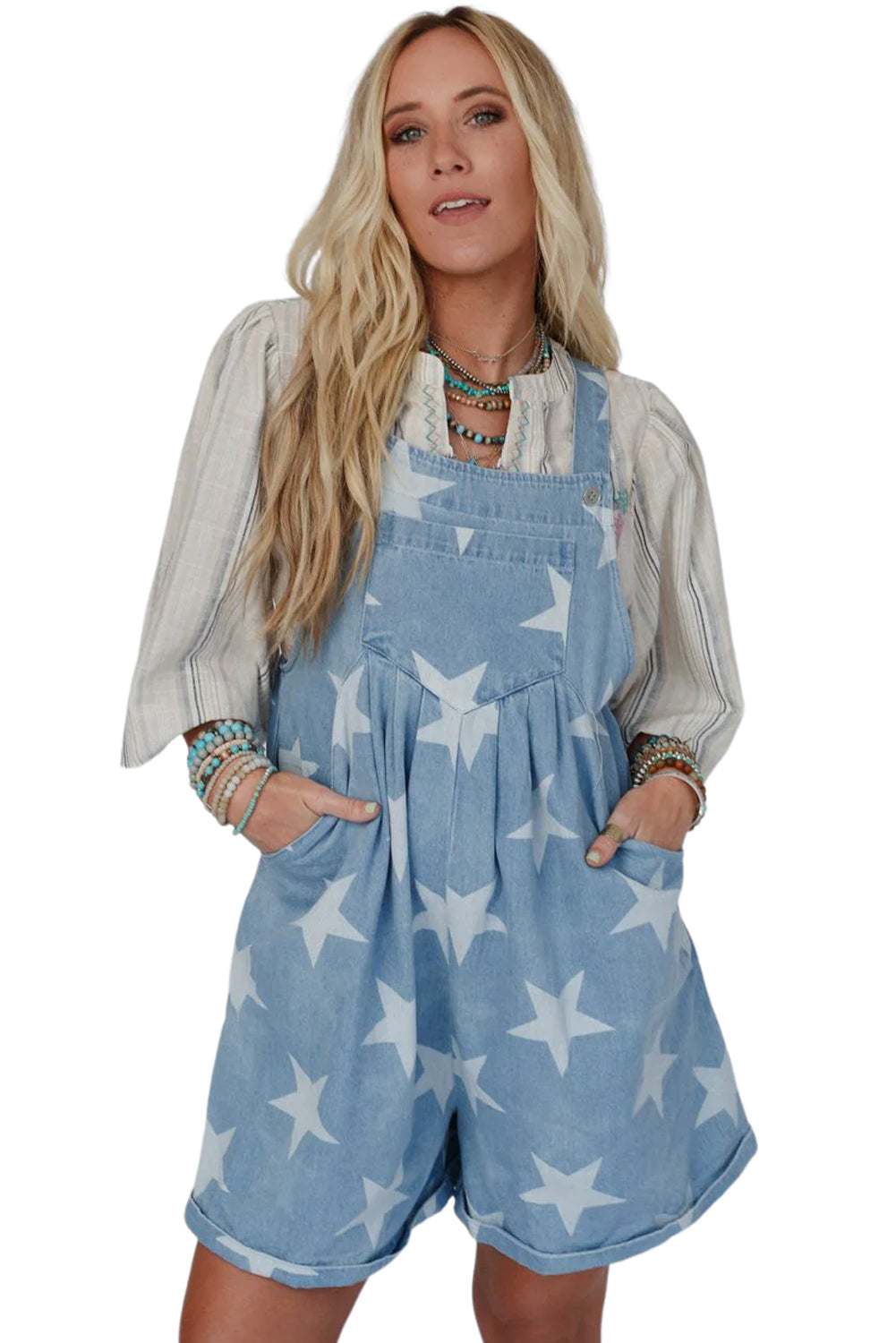 Light Blue Star Printed Buttoned Straps Pocketed Denim Romper - MAD RUFFI