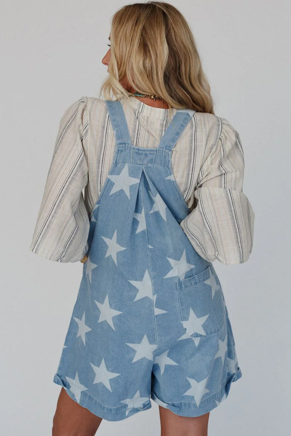 Light Blue Star Printed Buttoned Straps Pocketed Denim Romper - MAD RUFFI