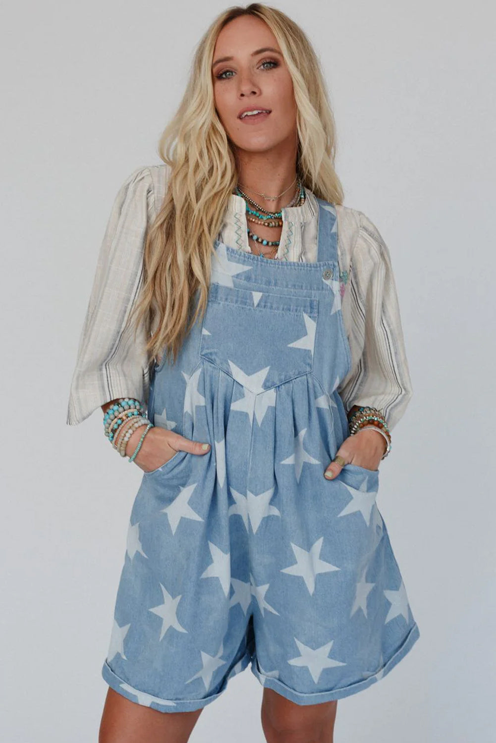 Light Blue Star Printed Buttoned Straps Pocketed Denim Romper - MAD RUFFI