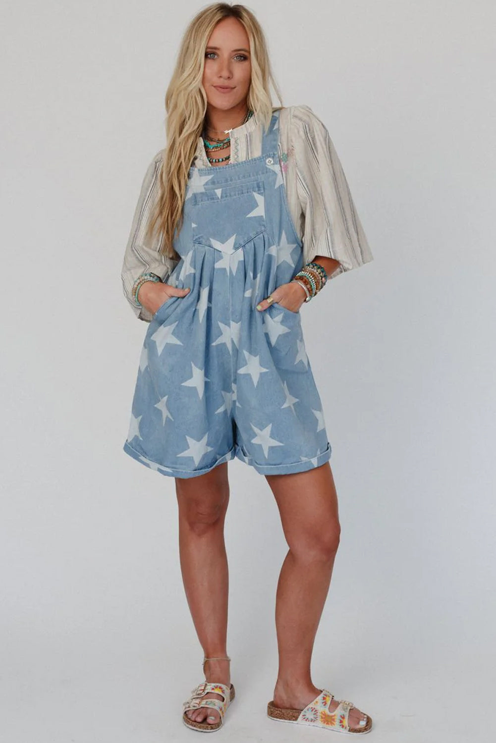 Light Blue Star Printed Buttoned Straps Pocketed Denim Romper - MAD RUFFI