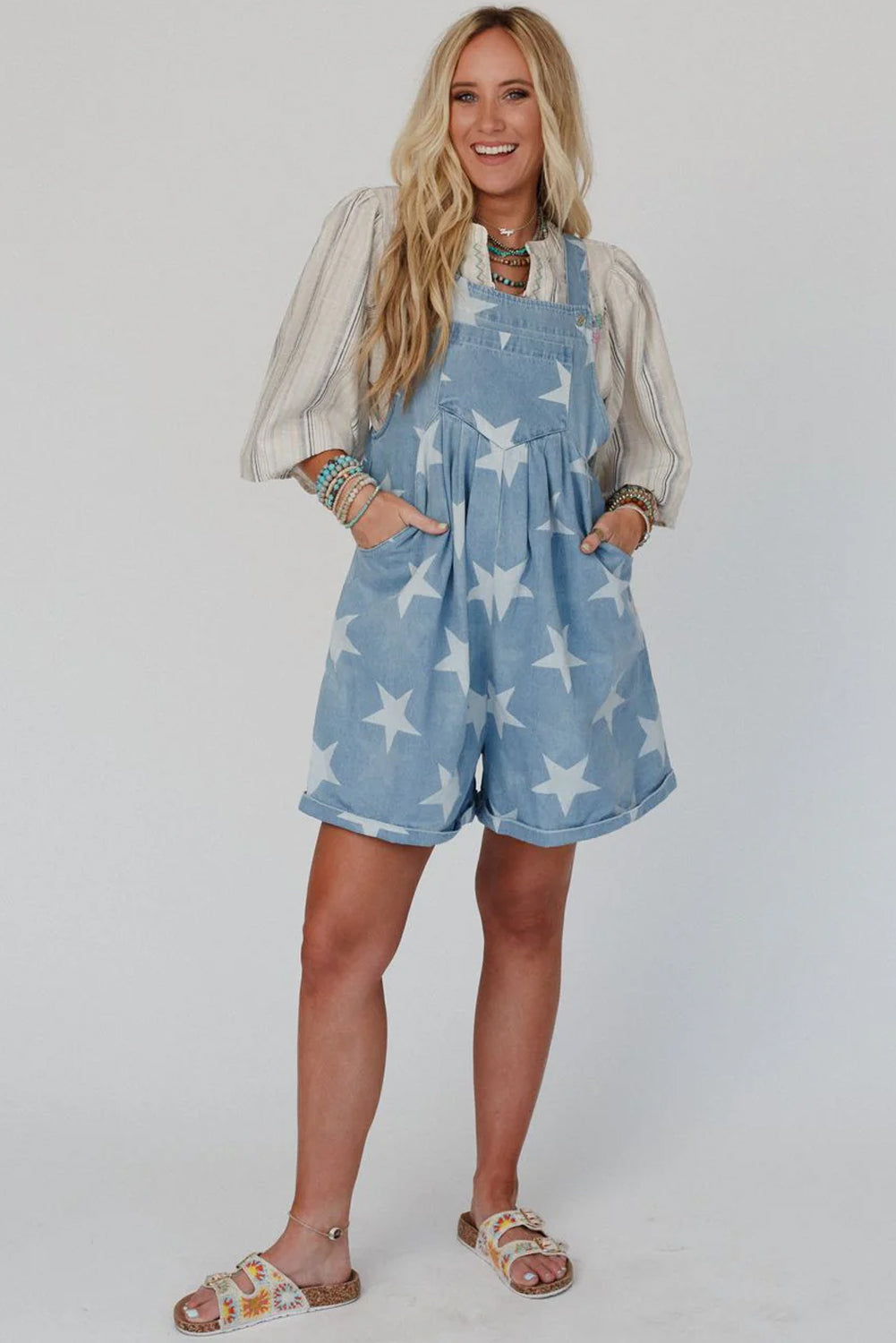 Light Blue Star Printed Buttoned Straps Pocketed Denim Romper - MAD RUFFI