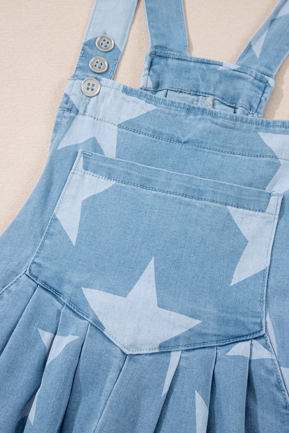 Light Blue Star Printed Buttoned Straps Pocketed Denim Romper - MAD RUFFI