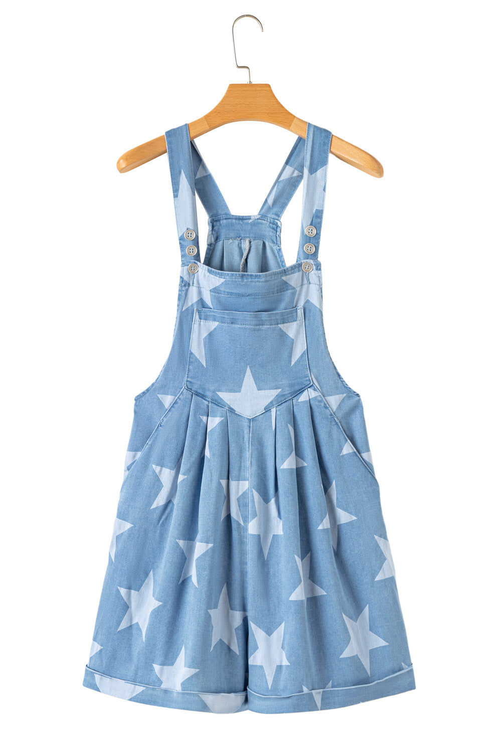 Light Blue Star Printed Buttoned Straps Pocketed Denim Romper - MAD RUFFI