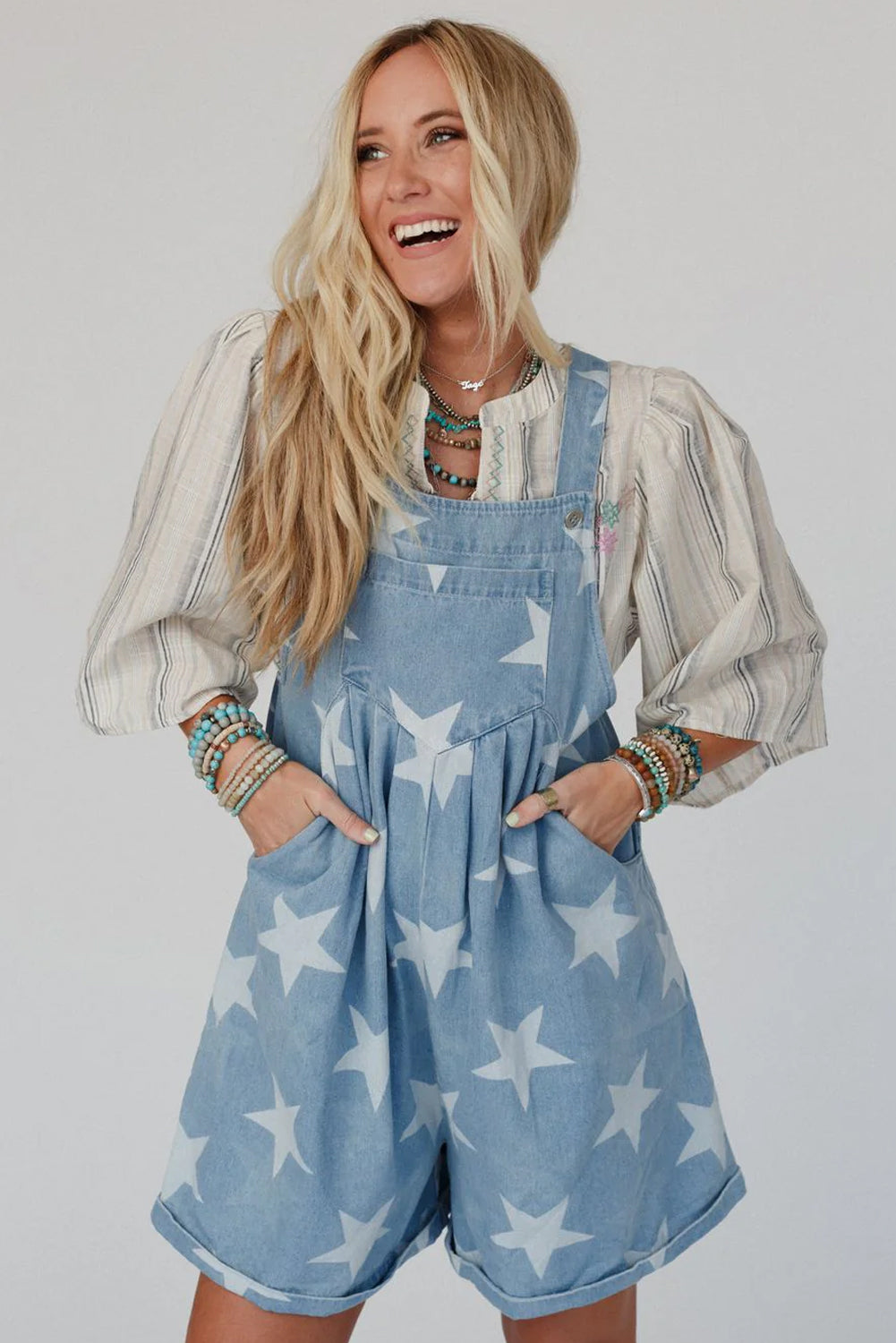 Light Blue Star Printed Buttoned Straps Pocketed Denim Romper - MAD RUFFI