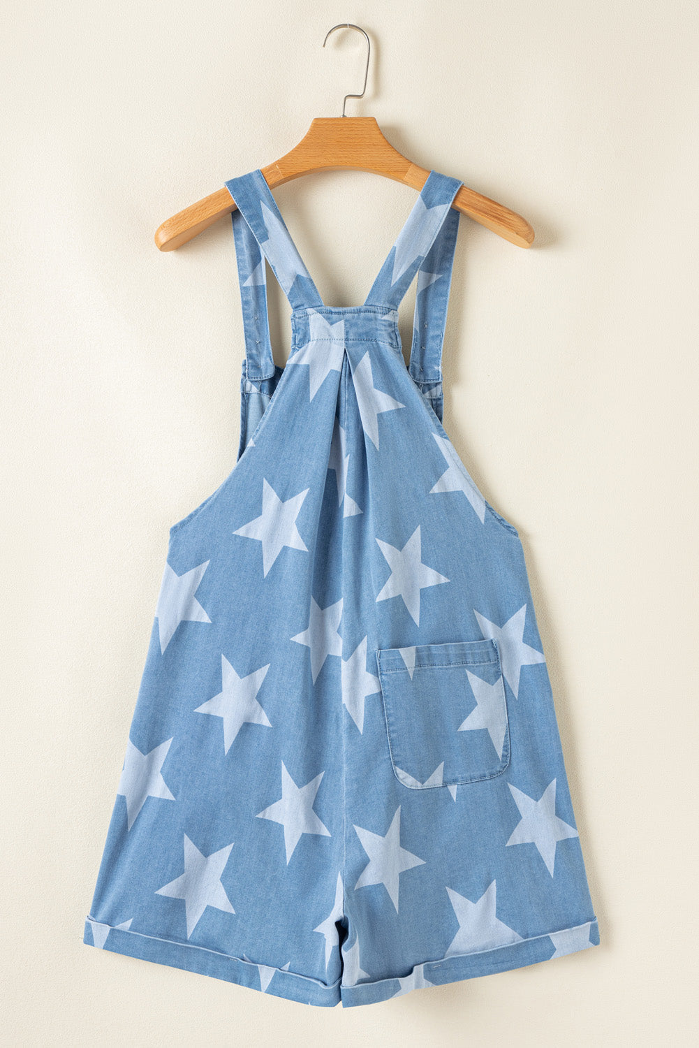 Light Blue Star Printed Buttoned Straps Pocketed Denim Romper - MAD RUFFI