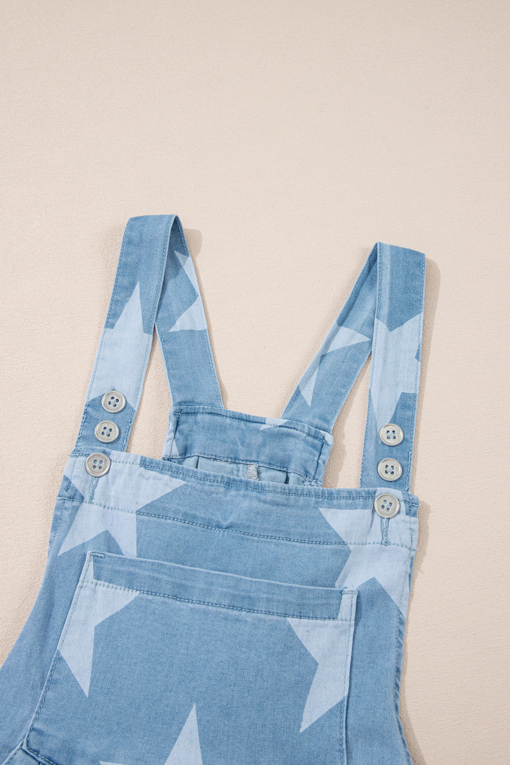 Light Blue Star Printed Buttoned Straps Pocketed Denim Romper - MAD RUFFI