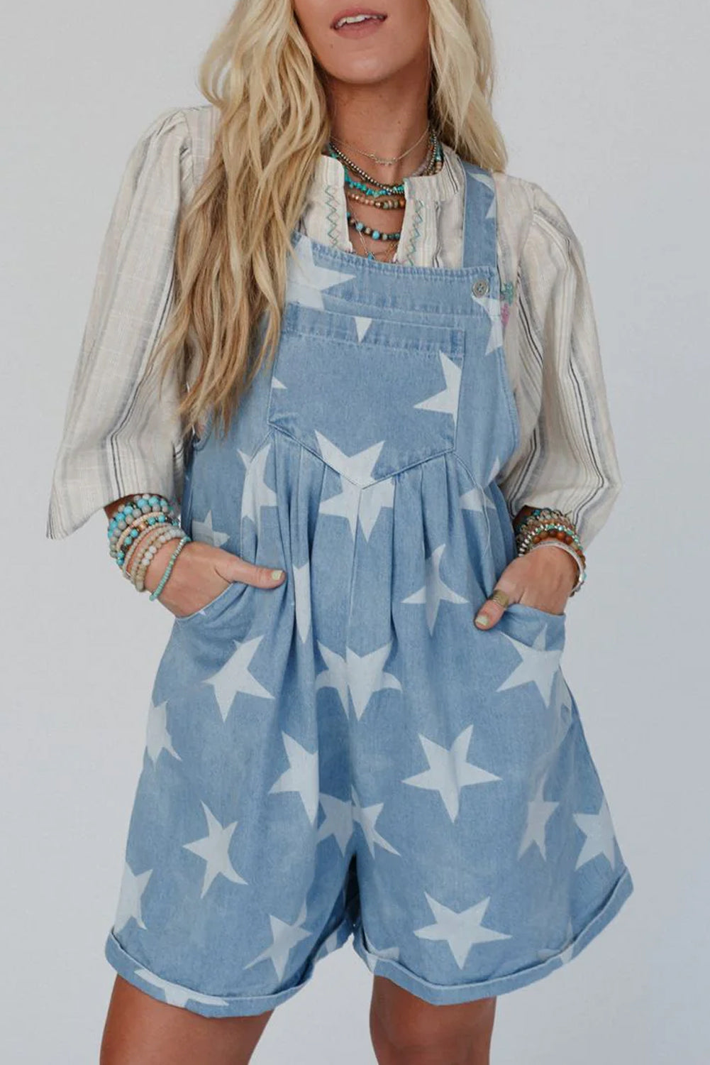 Light Blue Star Printed Buttoned Straps Pocketed Denim Romper - MAD RUFFI