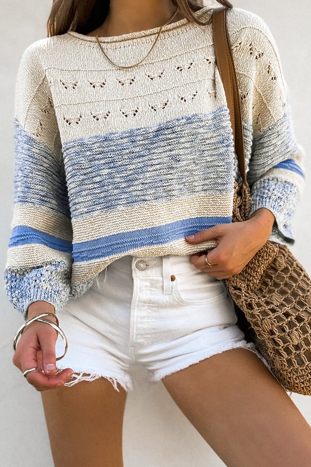 Light Blue Striped Hollow Out Puff Sleeve Sweater - MAD RUFFI