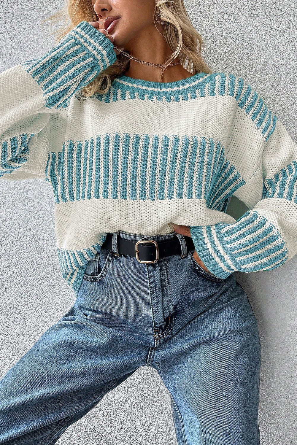 Light Blue Two Tone Striped Patchwork Drop Shoulder Sweater - MAD RUFFI