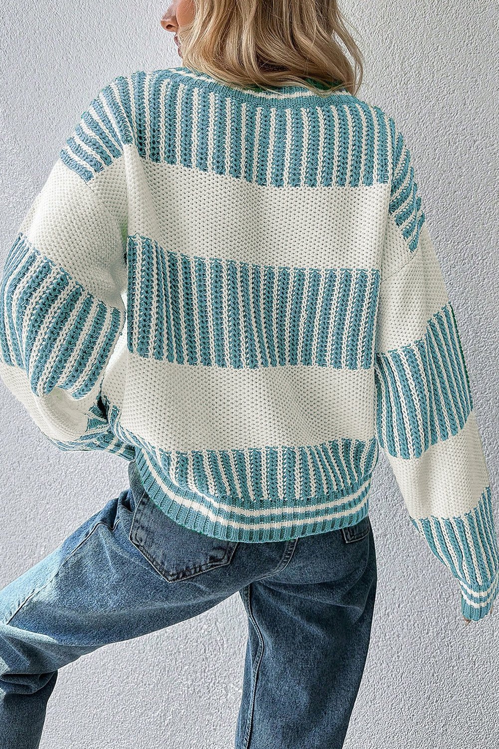 Light Blue Two Tone Striped Patchwork Drop Shoulder Sweater - MAD RUFFI