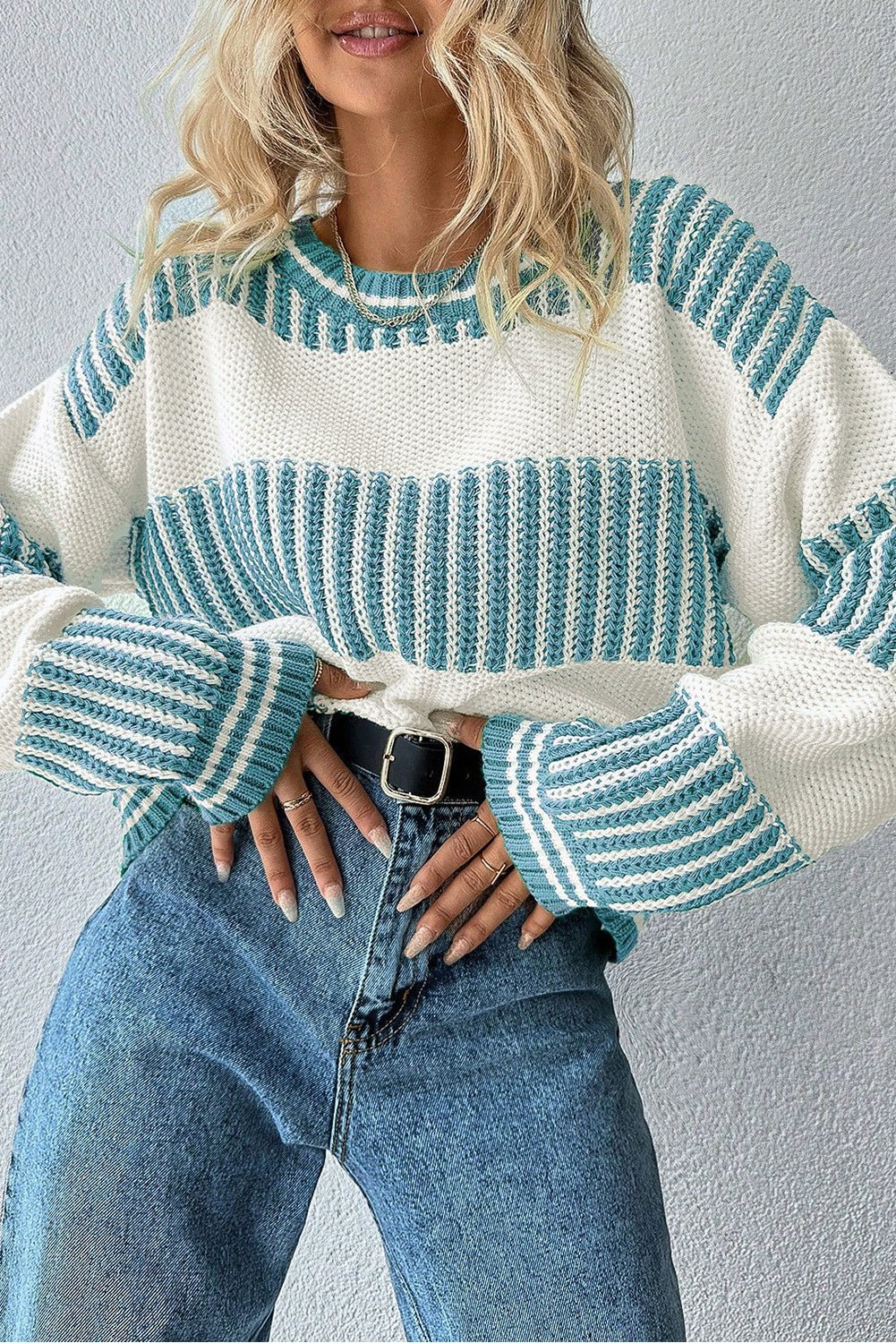 Light Blue Two Tone Striped Patchwork Drop Shoulder Sweater - MAD RUFFI