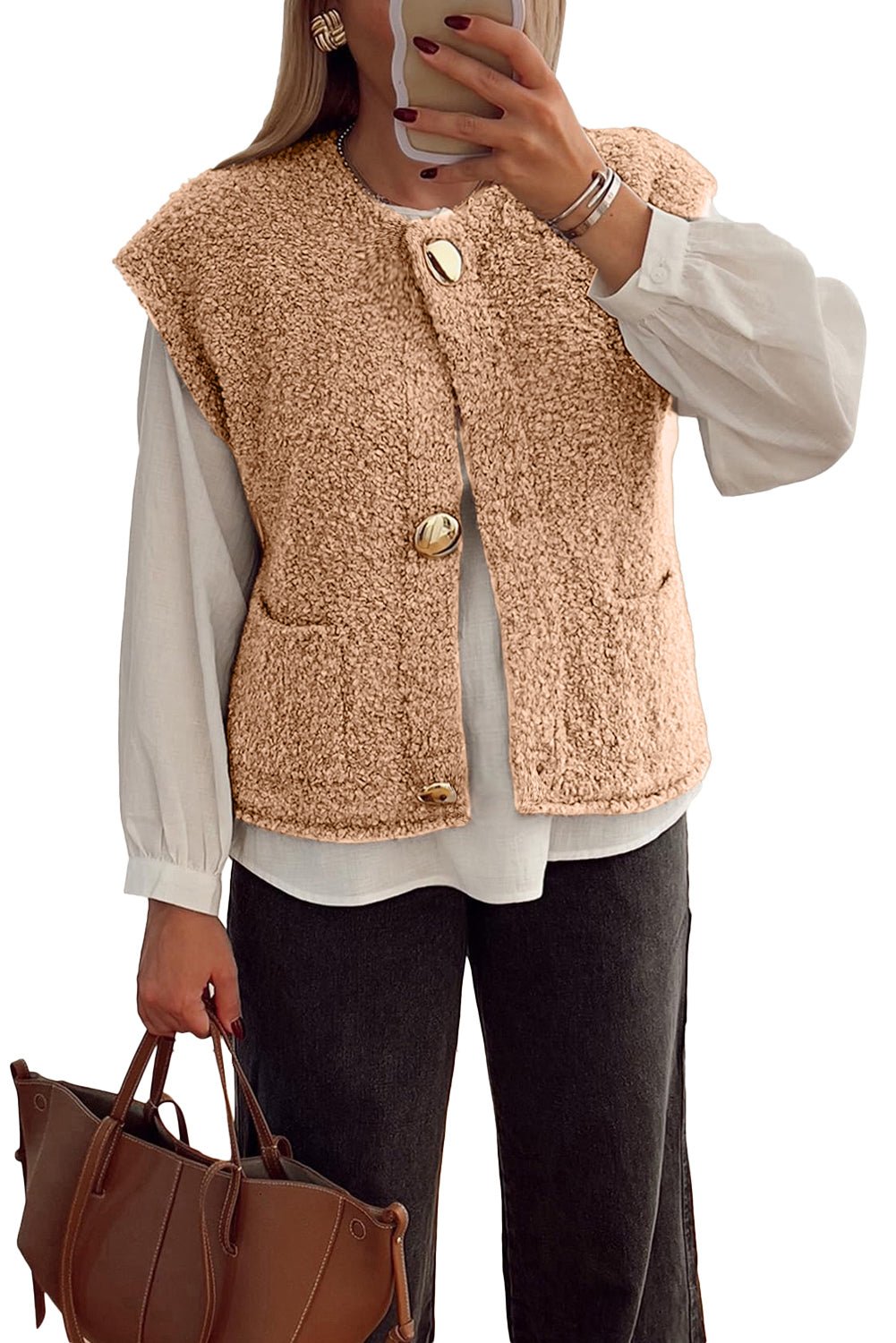 Light French Beige Big Button Accent Fuzzy Pocket Vest - MAD RUFFI