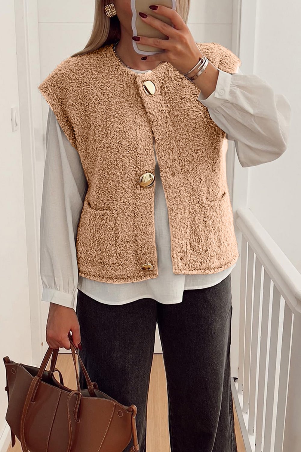Light French Beige Big Button Accent Fuzzy Pocket Vest - MAD RUFFI