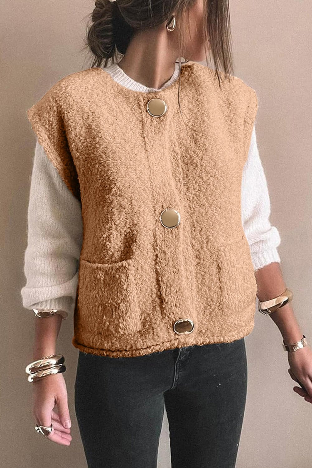 Light French Beige Big Button Accent Fuzzy Pocket Vest - MAD RUFFI