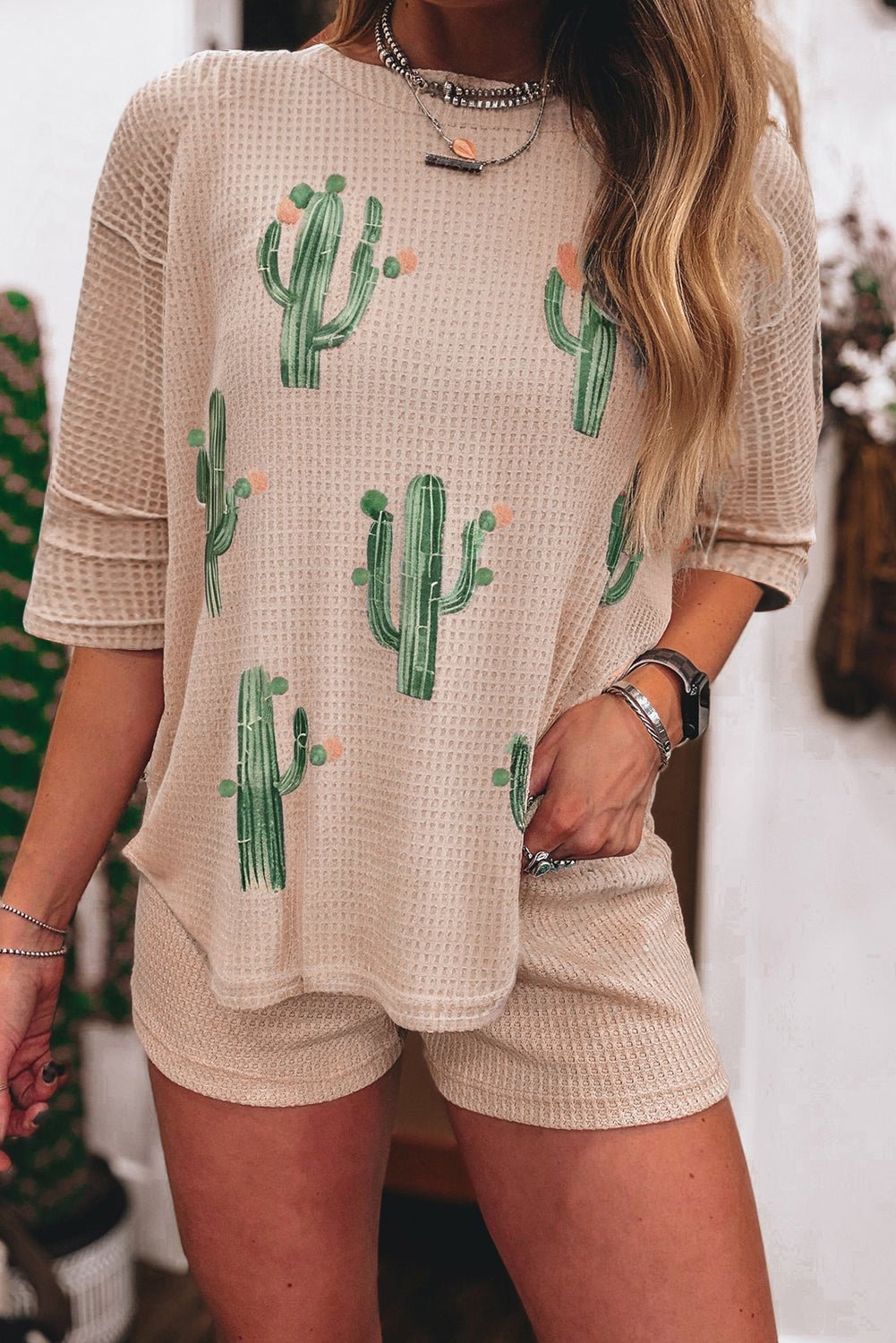 Light French Beige Cactus Graphic Waffle Half Sleeve Tee and Shorts Set - MAD RUFFI