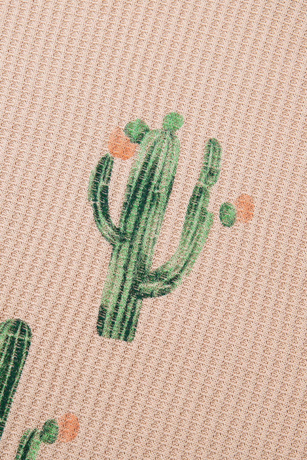 Light French Beige Cactus Graphic Waffle Half Sleeve Tee and Shorts Set - MAD RUFFI