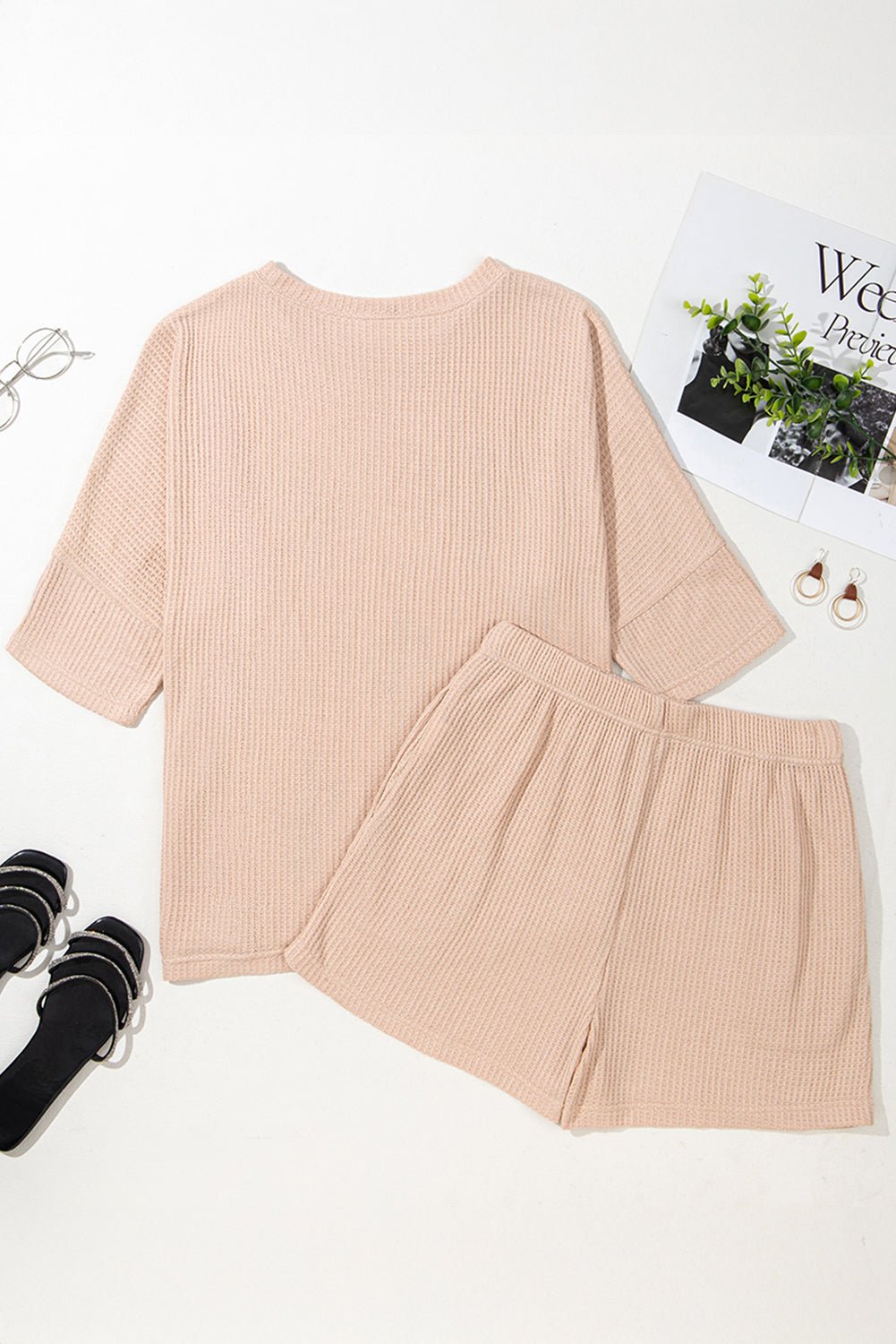 Light French Beige Cactus Graphic Waffle Half Sleeve Tee and Shorts Set - MAD RUFFI