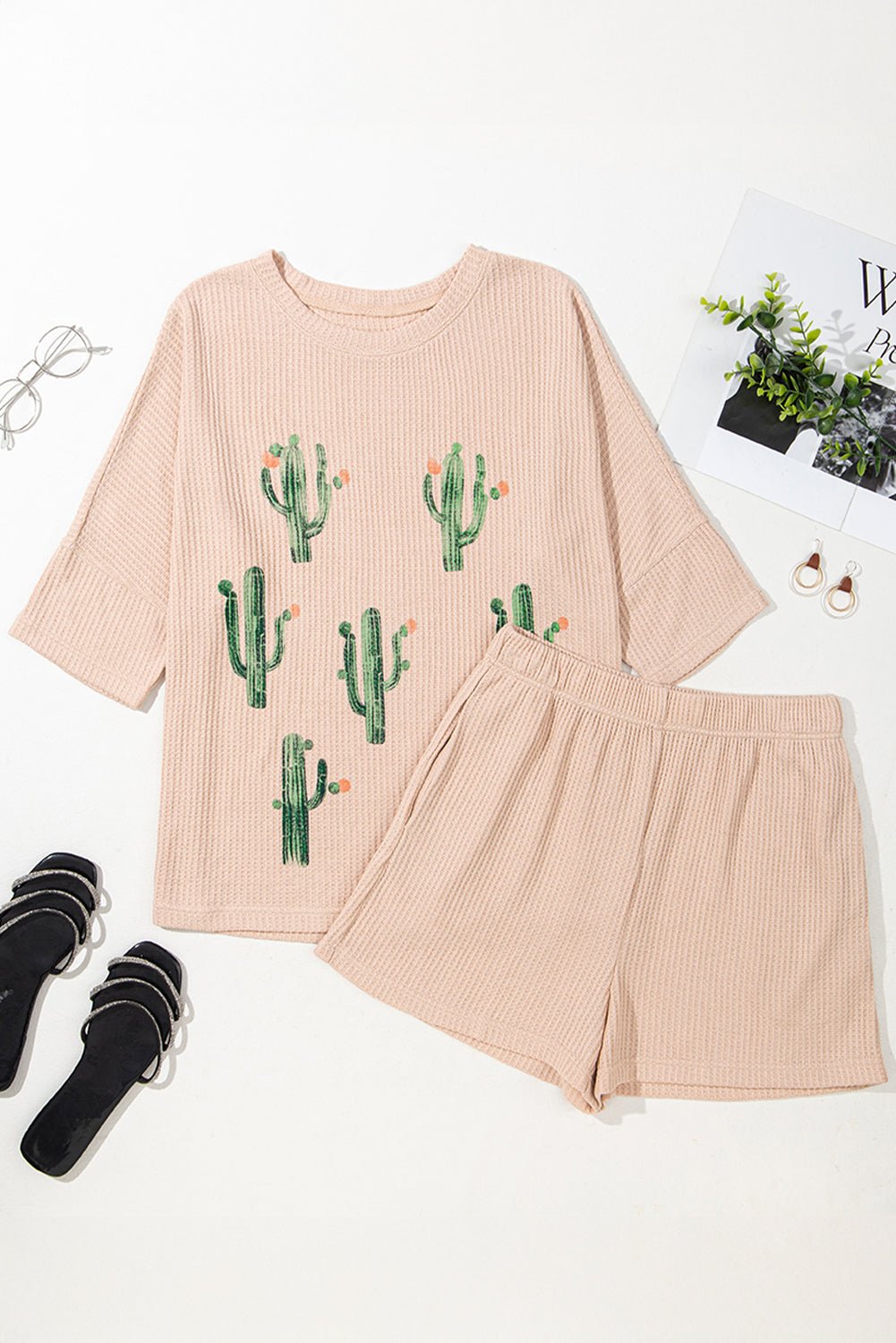 Light French Beige Cactus Graphic Waffle Half Sleeve Tee and Shorts Set - MAD RUFFI