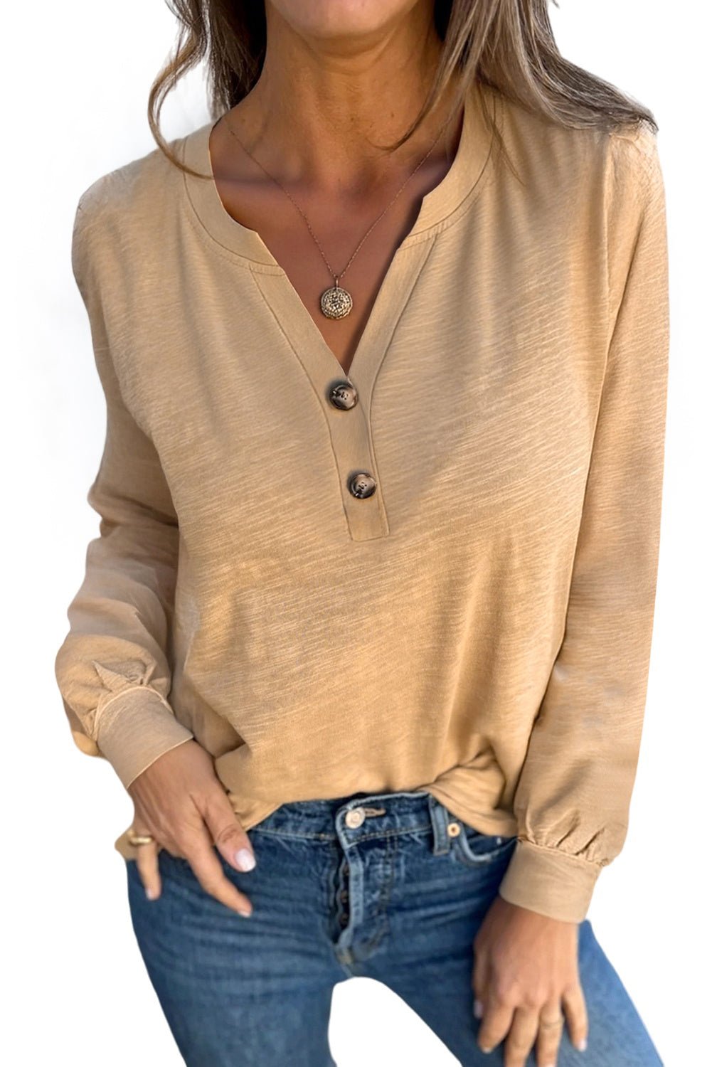 Light French Beige Casual Button V Neck Long Sleeve T-Shirt - MAD RUFFI