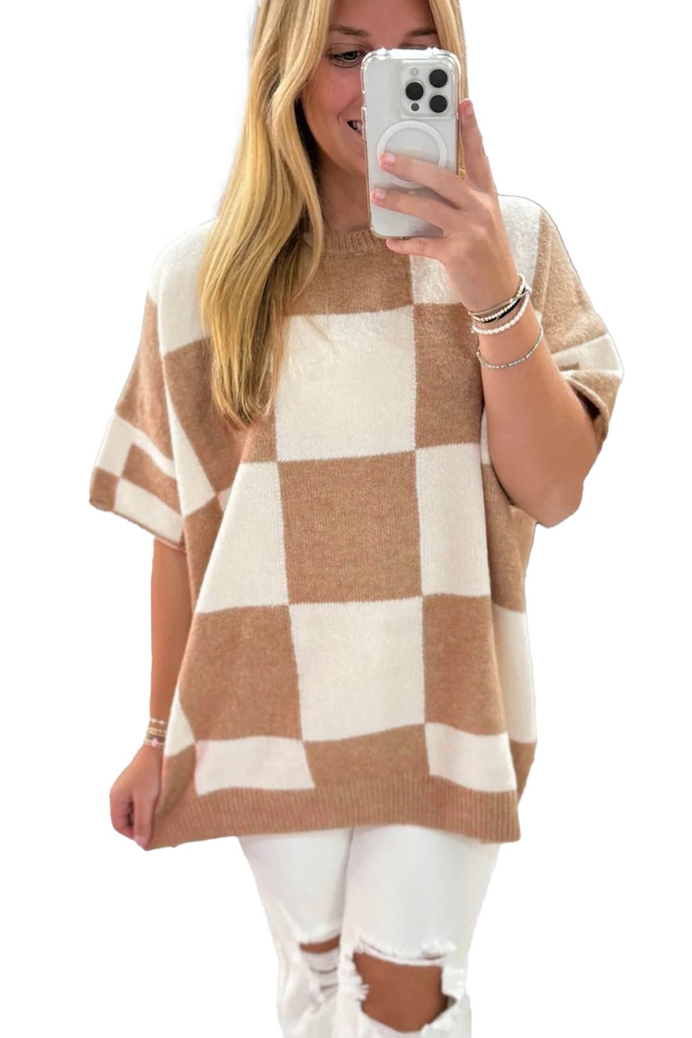 Light French Beige Checkered Pattern Loose Short Sleeve Sweater - MAD RUFFI