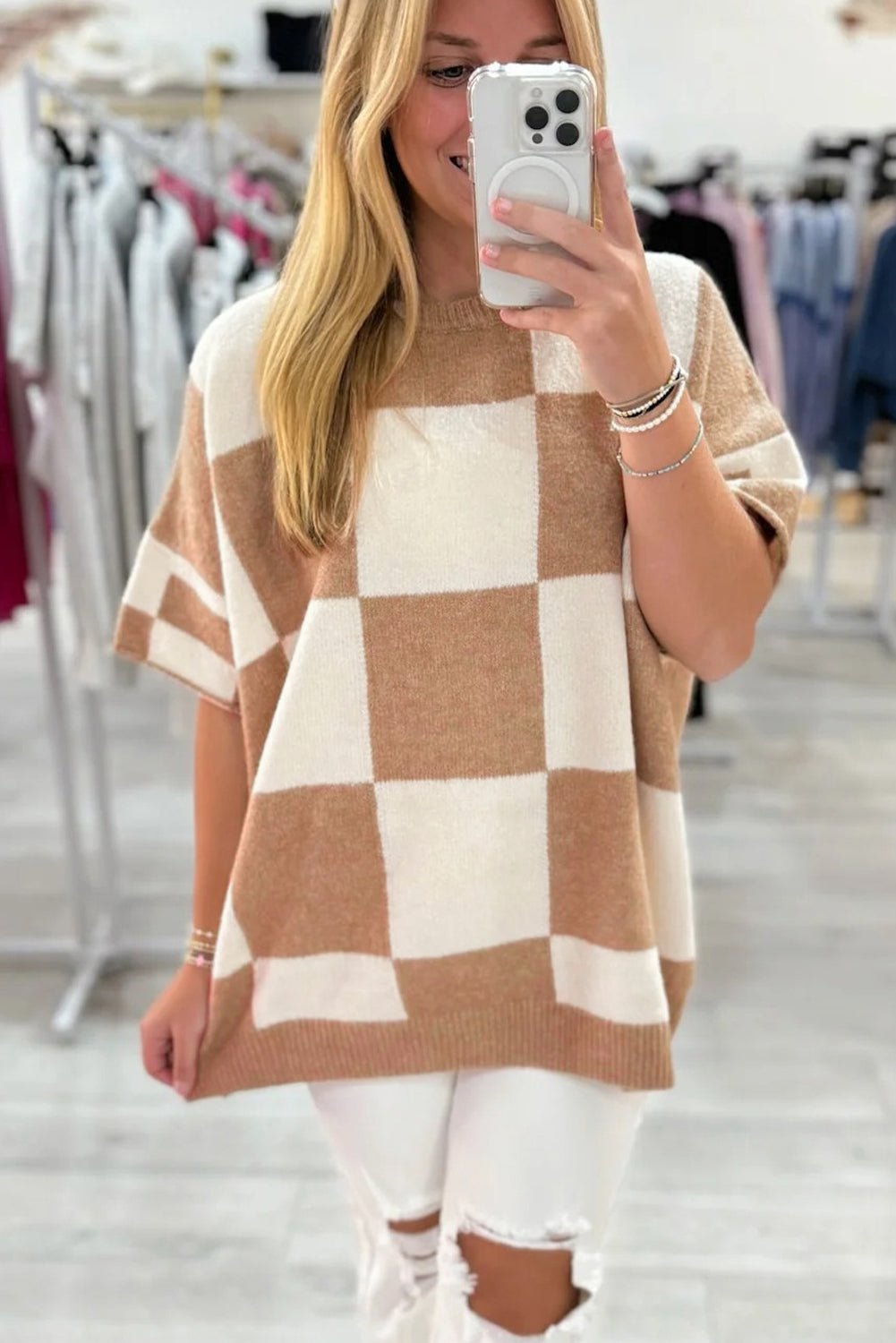 Light French Beige Checkered Pattern Loose Short Sleeve Sweater - MAD RUFFI