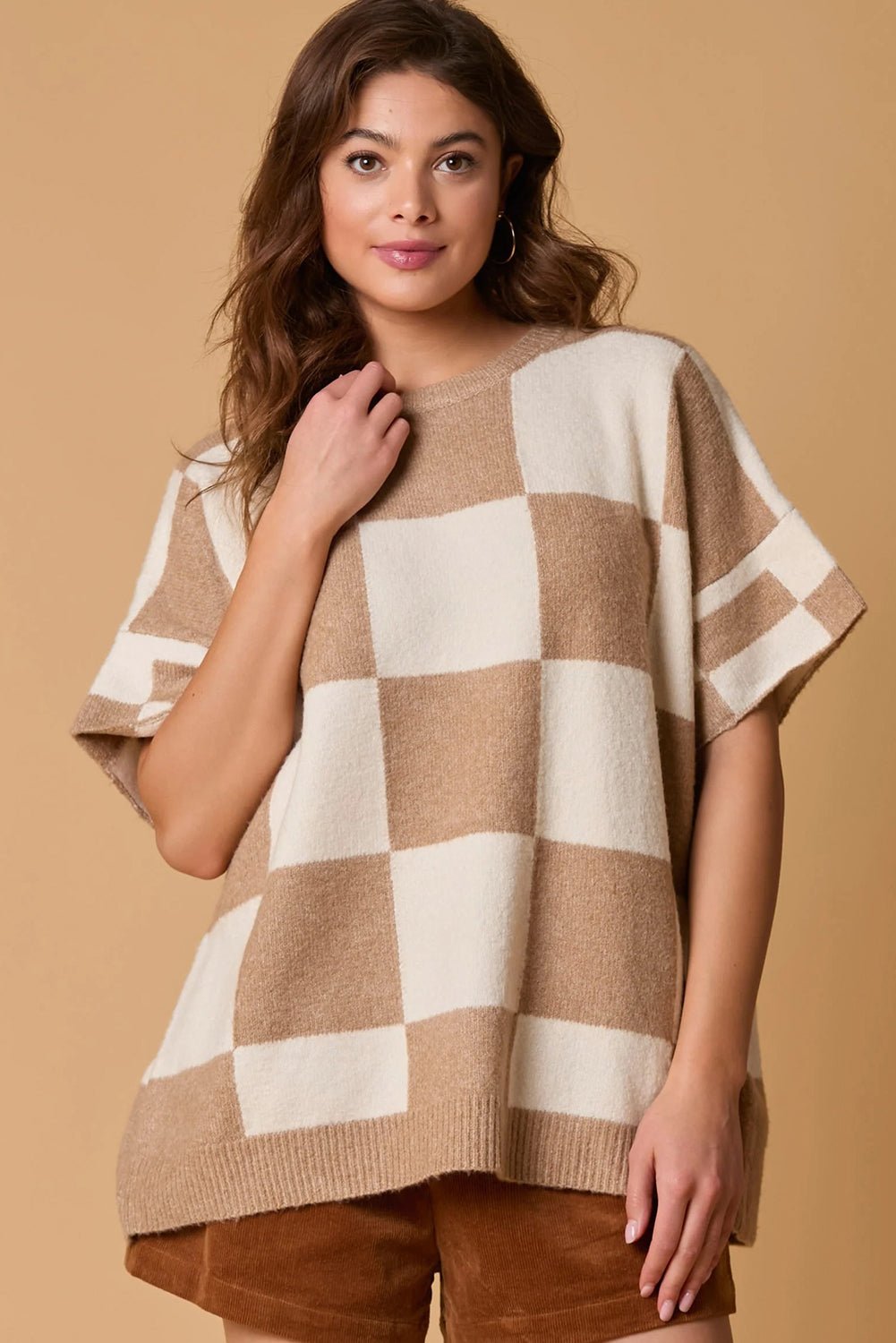 Light French Beige Checkered Pattern Loose Short Sleeve Sweater - MAD RUFFI