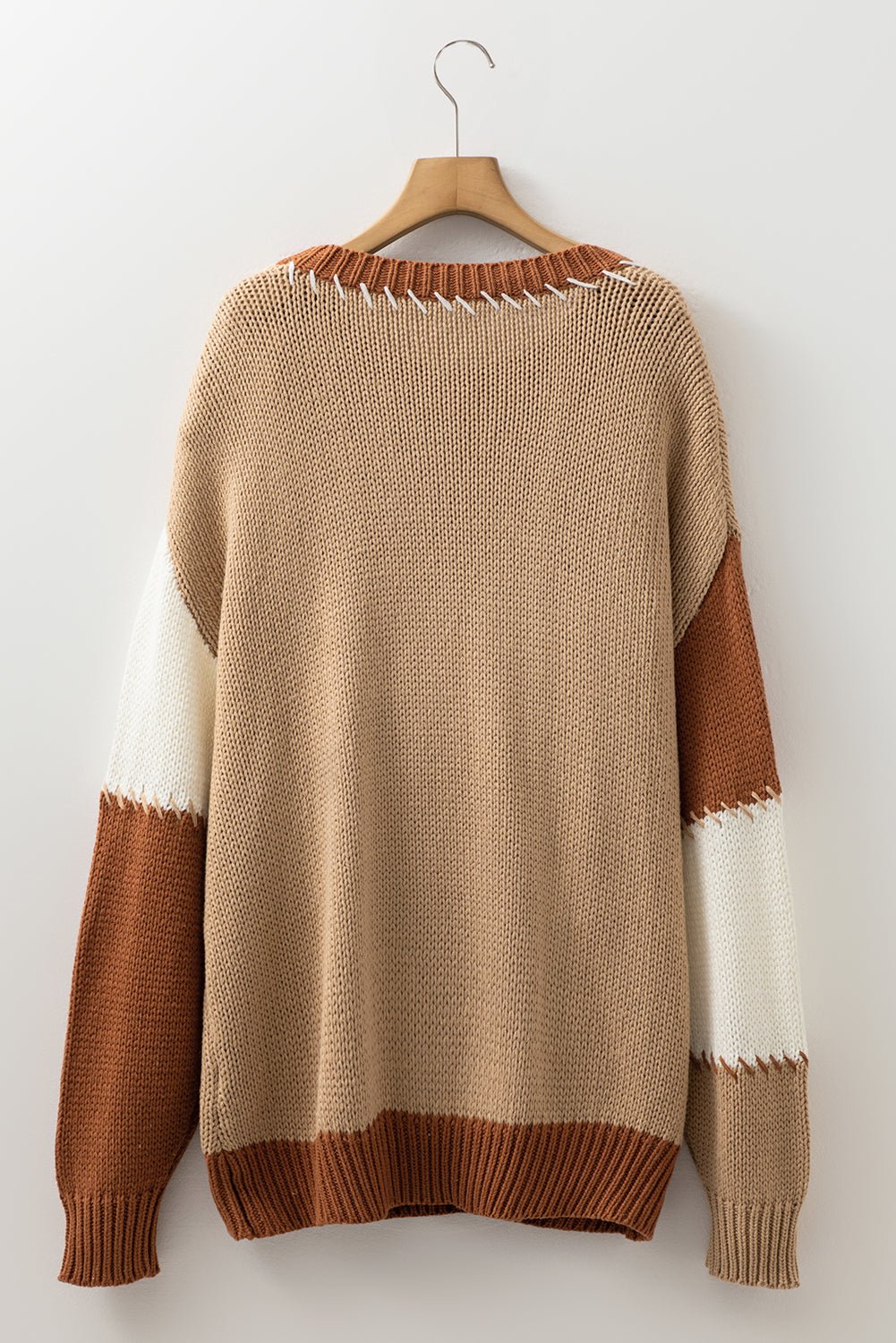 Light French Beige Contrast Stitch Detail Colorblock Knitted Plus Size Sweater - MAD RUFFI