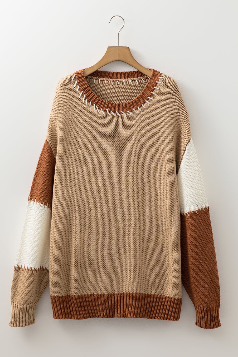 Light French Beige Contrast Stitch Detail Colorblock Knitted Plus Size Sweater - MAD RUFFI