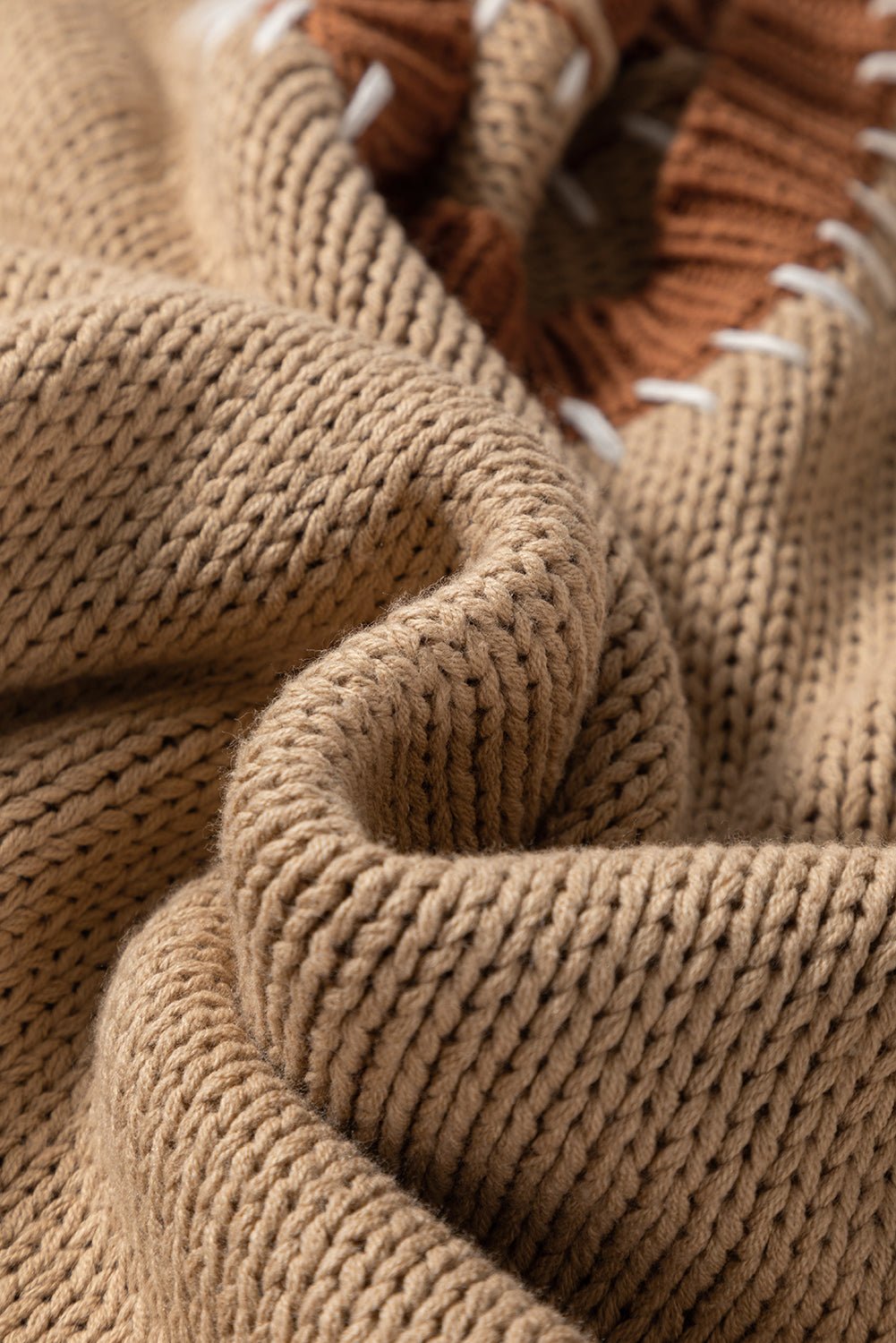 Light French Beige Contrast Stitch Detail Colorblock Knitted Plus Size Sweater - MAD RUFFI