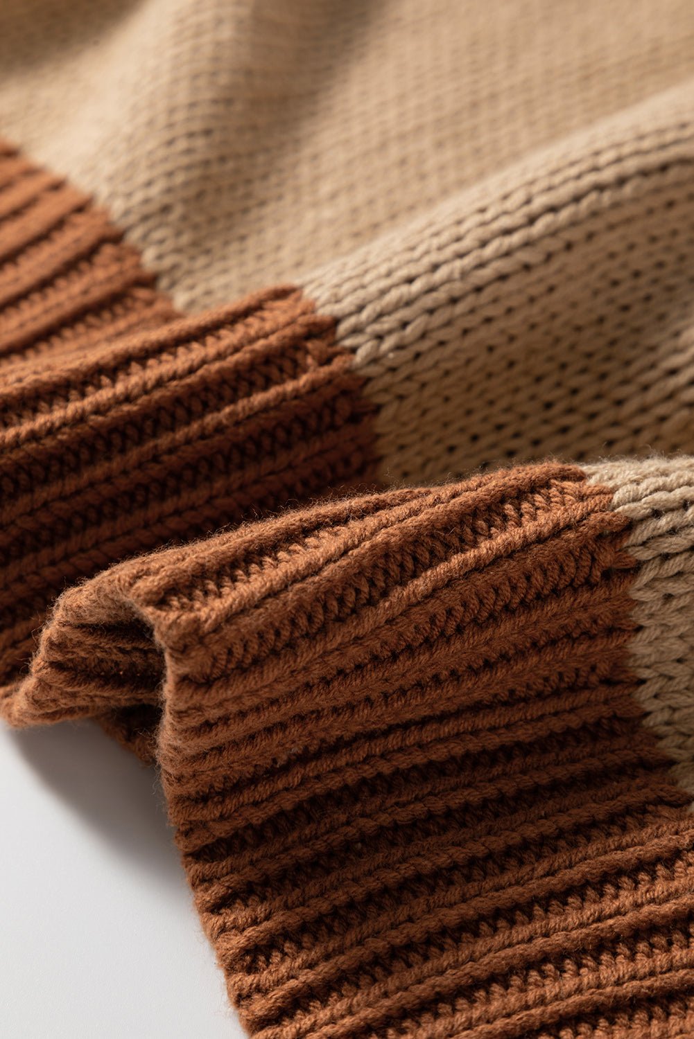 Light French Beige Contrast Stitch Detail Colorblock Knitted Plus Size Sweater - MAD RUFFI