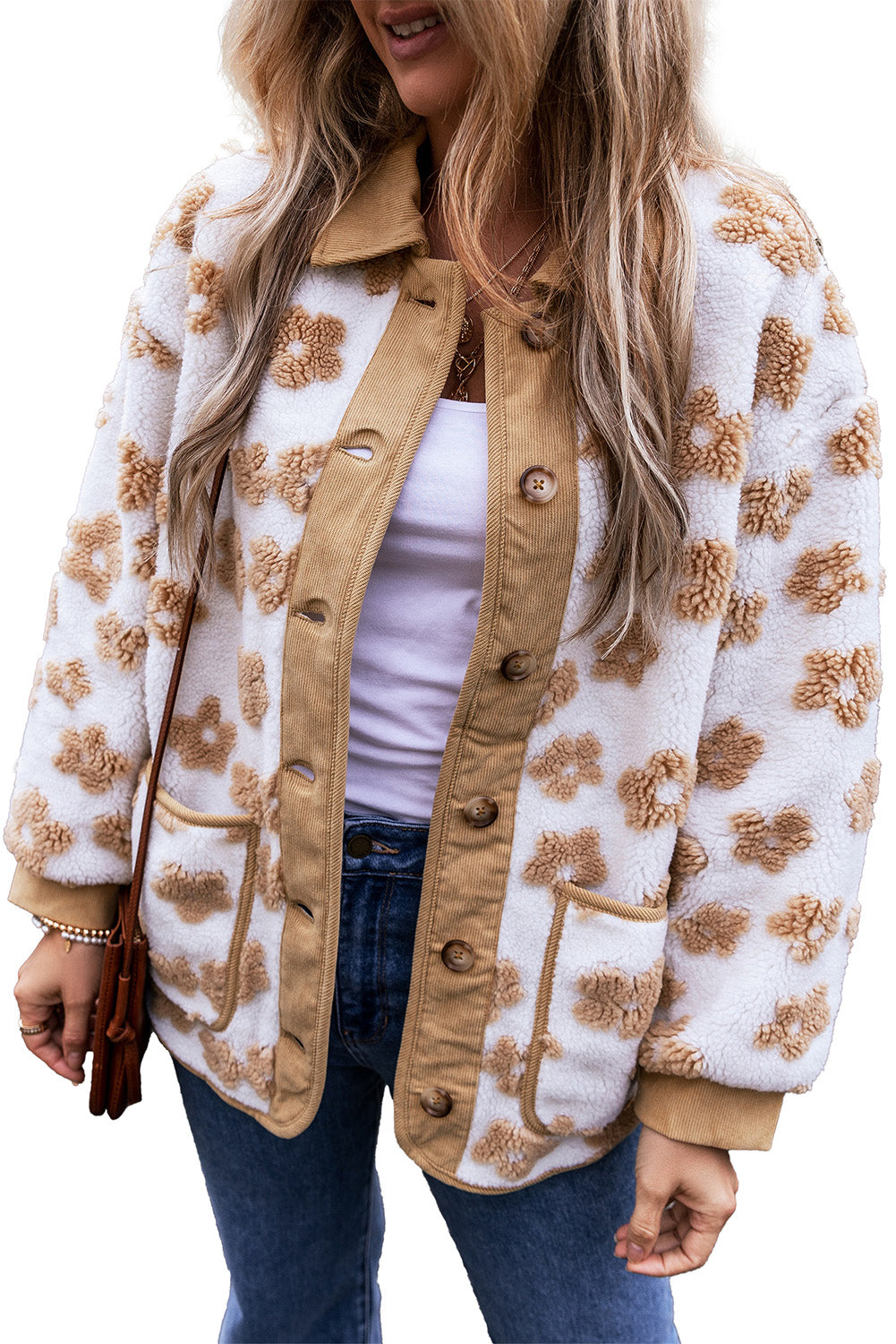 Light French Beige Cute Flower Pattern Button Up Fleece Jacket - MAD RUFFI