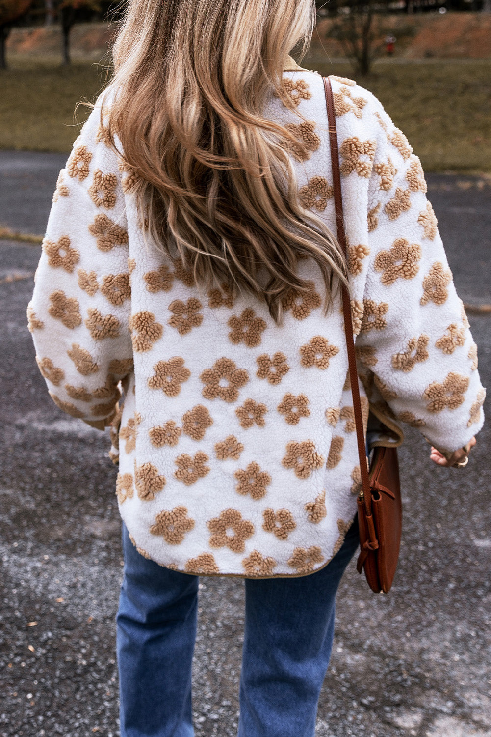 Light French Beige Cute Flower Pattern Button Up Fleece Jacket - MAD RUFFI