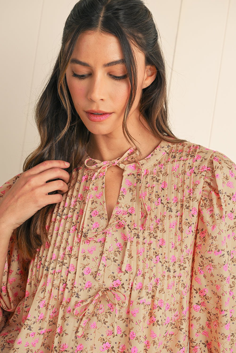 Light French Beige Ditsy Floral Print Bow Front Puff Sleeve Blouse - MAD RUFFI