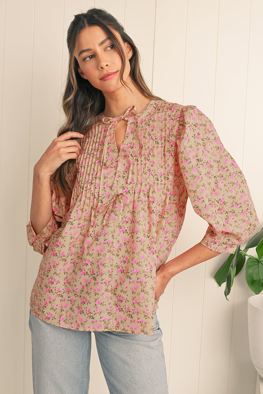 Light French Beige Ditsy Floral Print Bow Front Puff Sleeve Blouse - MAD RUFFI