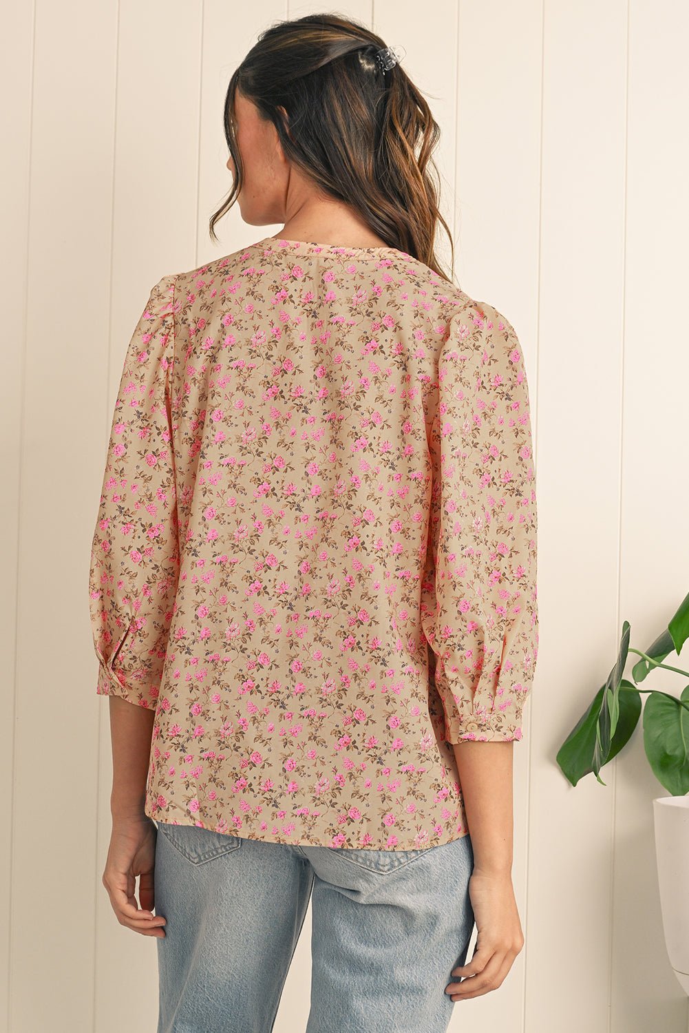 Light French Beige Ditsy Floral Print Bow Front Puff Sleeve Blouse - MAD RUFFI