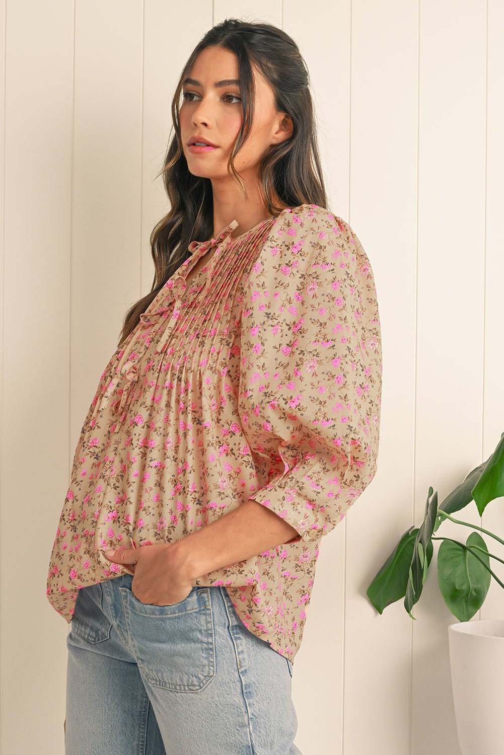 Light French Beige Ditsy Floral Print Bow Front Puff Sleeve Blouse - MAD RUFFI