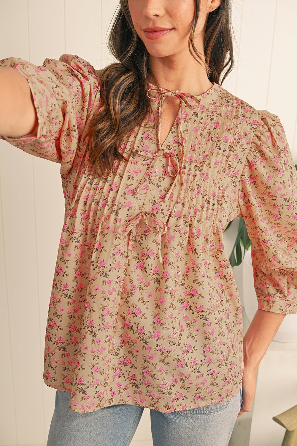 Light French Beige Ditsy Floral Print Bow Front Puff Sleeve Blouse - MAD RUFFI