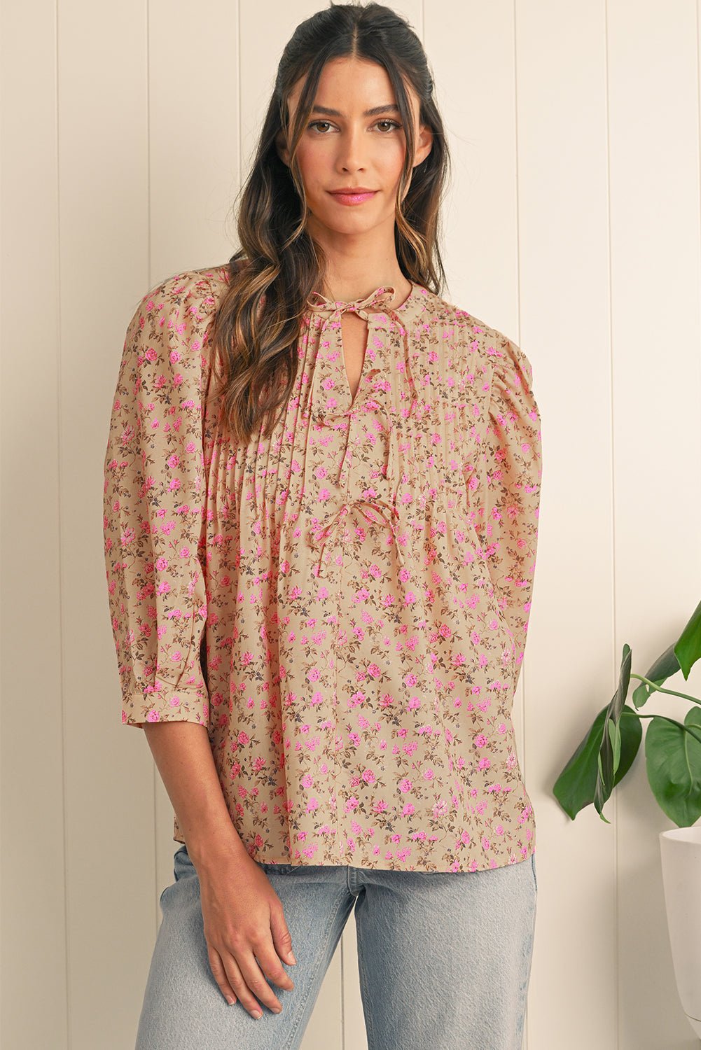 Light French Beige Ditsy Floral Print Bow Front Puff Sleeve Blouse - MAD RUFFI