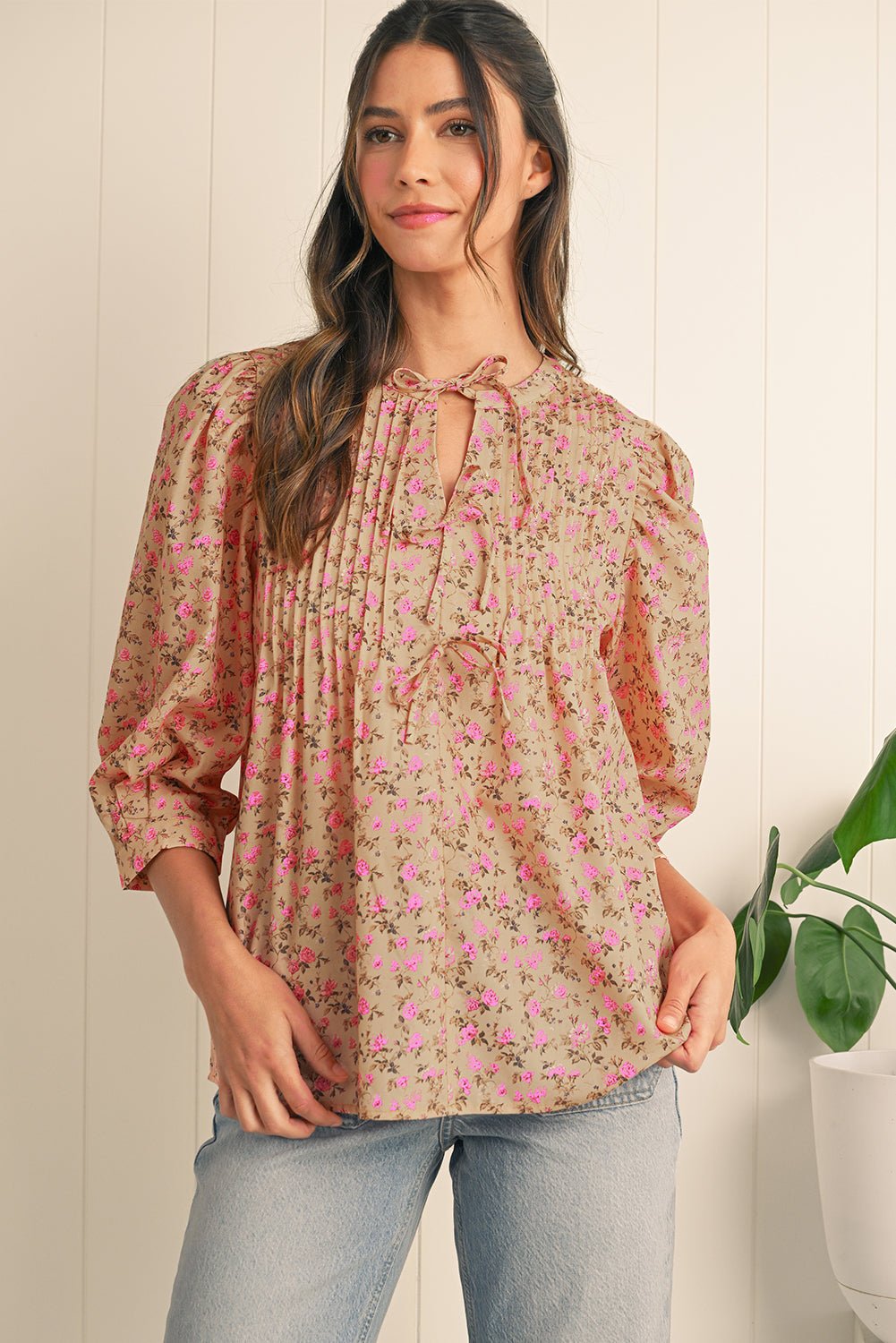 Light French Beige Ditsy Floral Print Bow Front Puff Sleeve Blouse - MAD RUFFI