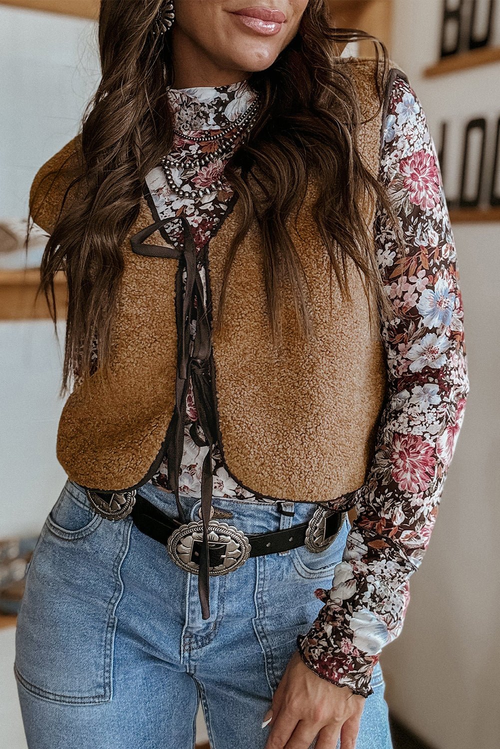 Light French Beige Fleece Tie Front Winter Vest - MAD RUFFI