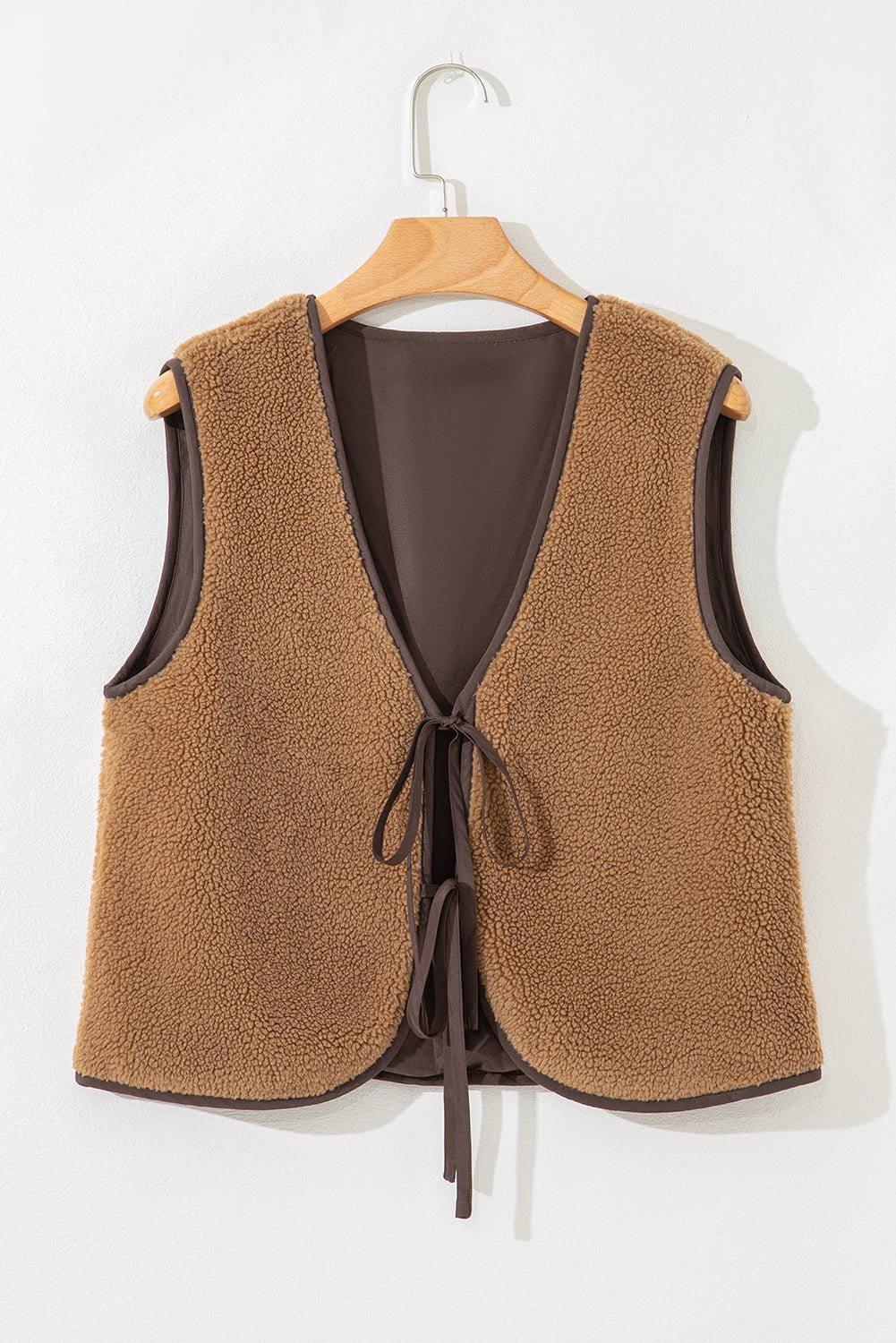 Light French Beige Fleece Tie Front Winter Vest - MAD RUFFI