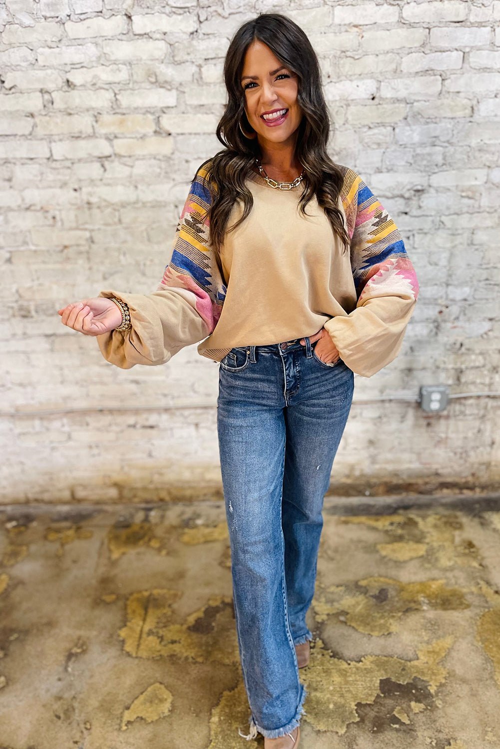 Light French Beige Geometric Patchwork Raglan Sleeve Pullover Sweatshirt - MAD RUFFI