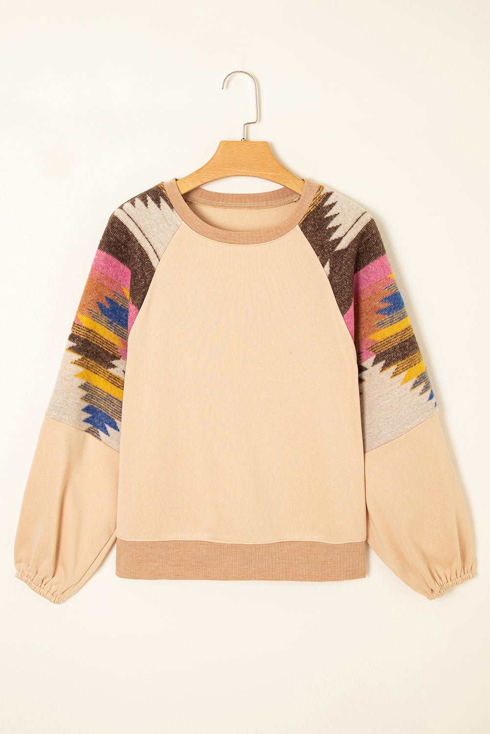 Light French Beige Geometric Patchwork Raglan Sleeve Pullover Sweatshirt - MAD RUFFI
