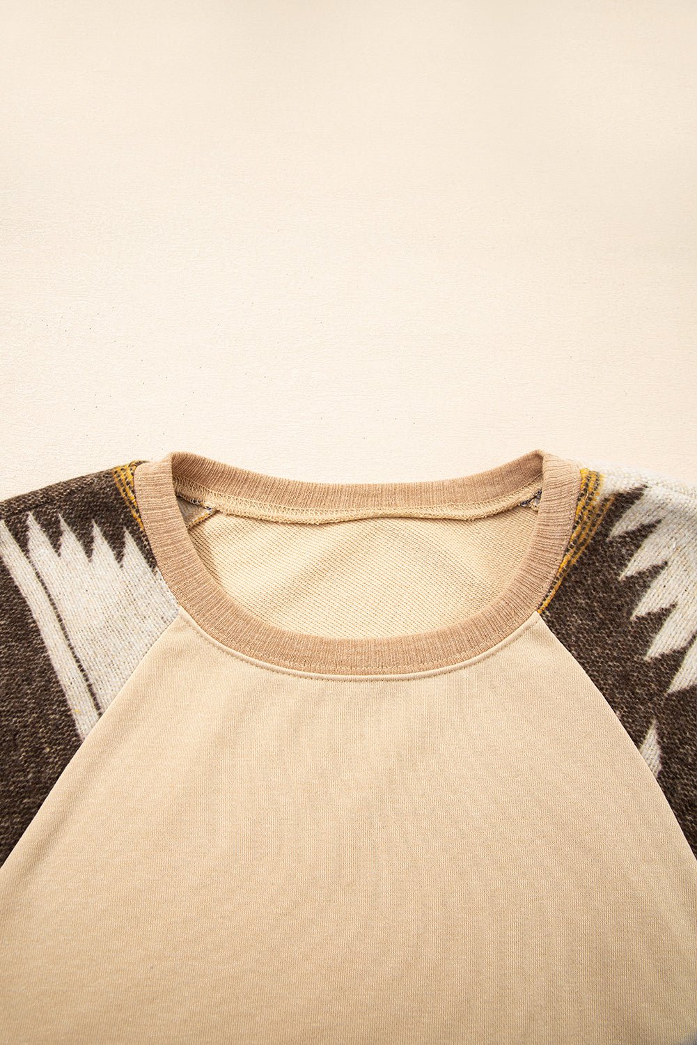 Light French Beige Geometric Patchwork Raglan Sleeve Pullover Sweatshirt - MAD RUFFI