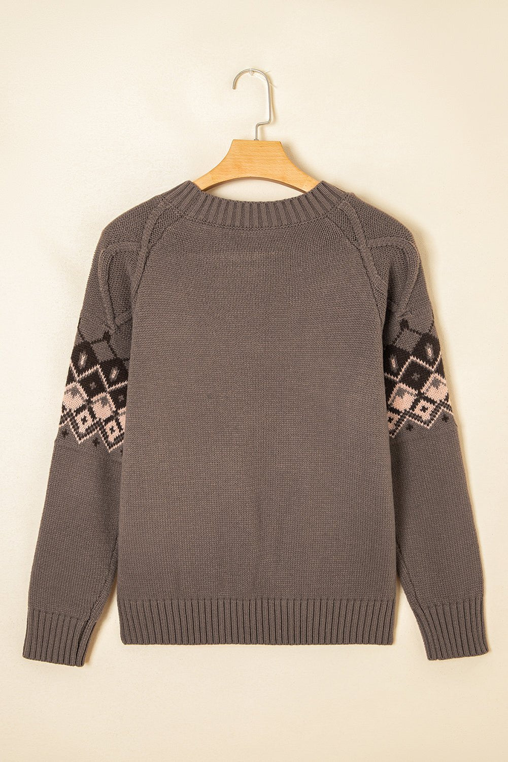 Light French Beige Geometric Pattern Crew Neck Knitted Sweater - MAD RUFFI