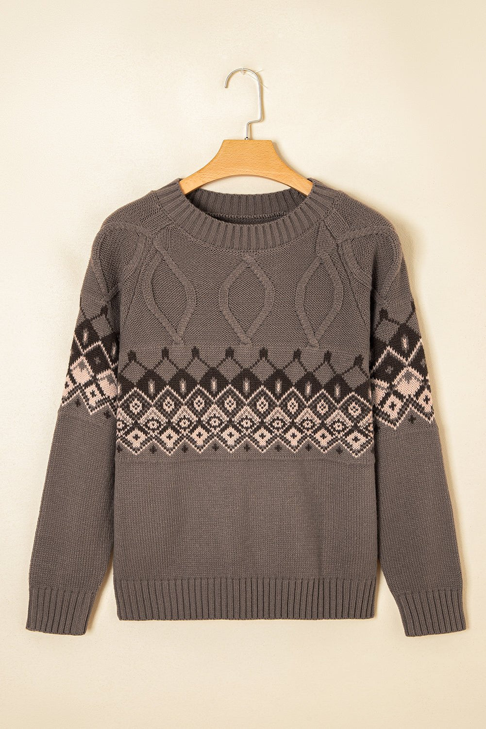 Light French Beige Geometric Pattern Crew Neck Knitted Sweater - MAD RUFFI
