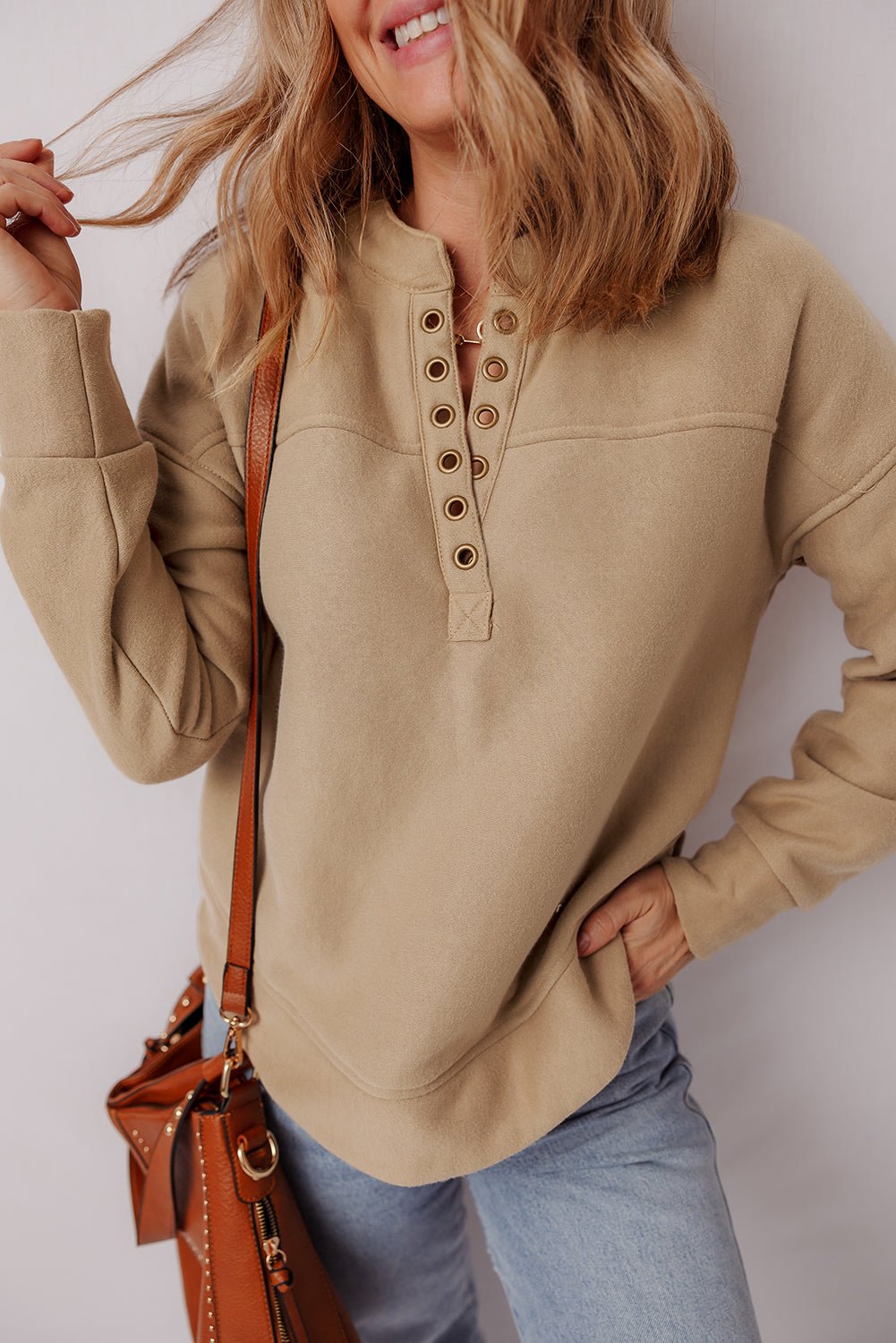 Light French Beige Grommet Detail V Neck Sweatshirt - MAD RUFFI