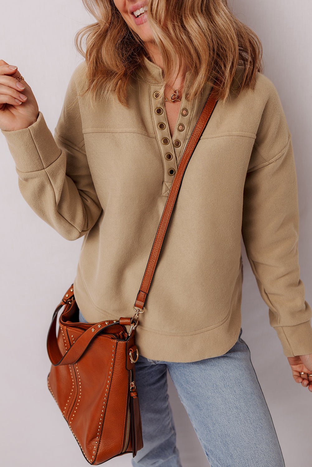 Light French Beige Grommet Detail V Neck Sweatshirt - MAD RUFFI