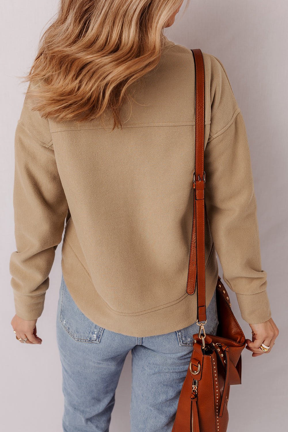 Light French Beige Grommet Detail V Neck Sweatshirt - MAD RUFFI